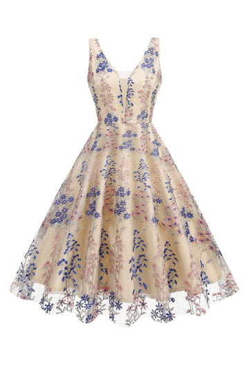 Vestido brillante con mangas de flores de albaricoque Swing de la década de 1950